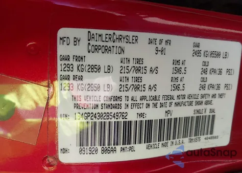 2002 Dodge Grand Caravan Se z USA, uszkodzony, nr VIN 1B4GP24302B549762